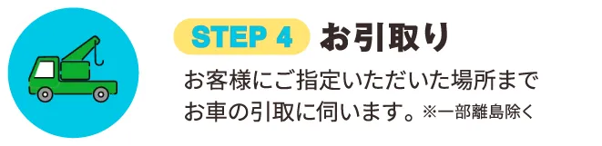 STEP 4 お引き取り お客様にご指定いただいた場所までお車の引取に伺います｡※一部離島除く