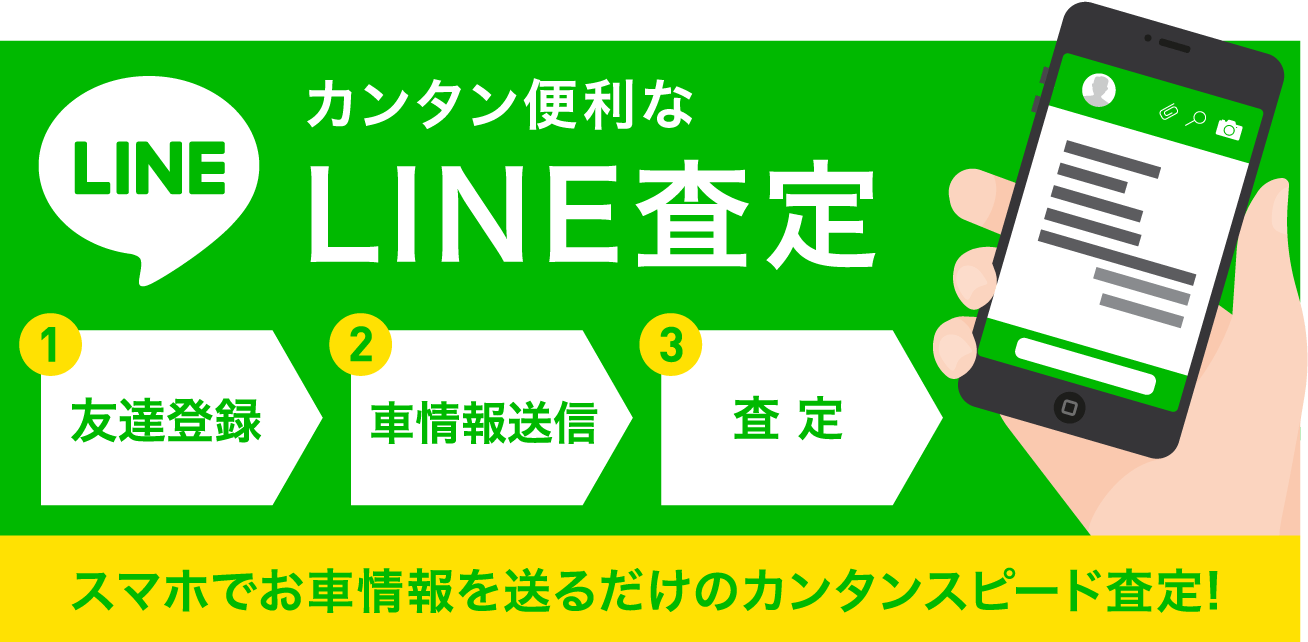 LINE カンタン便利なLINE査定1友達登録 2車情報送信 3査 定 スマホでお車情報を送るだけのカンタンスピード査定!