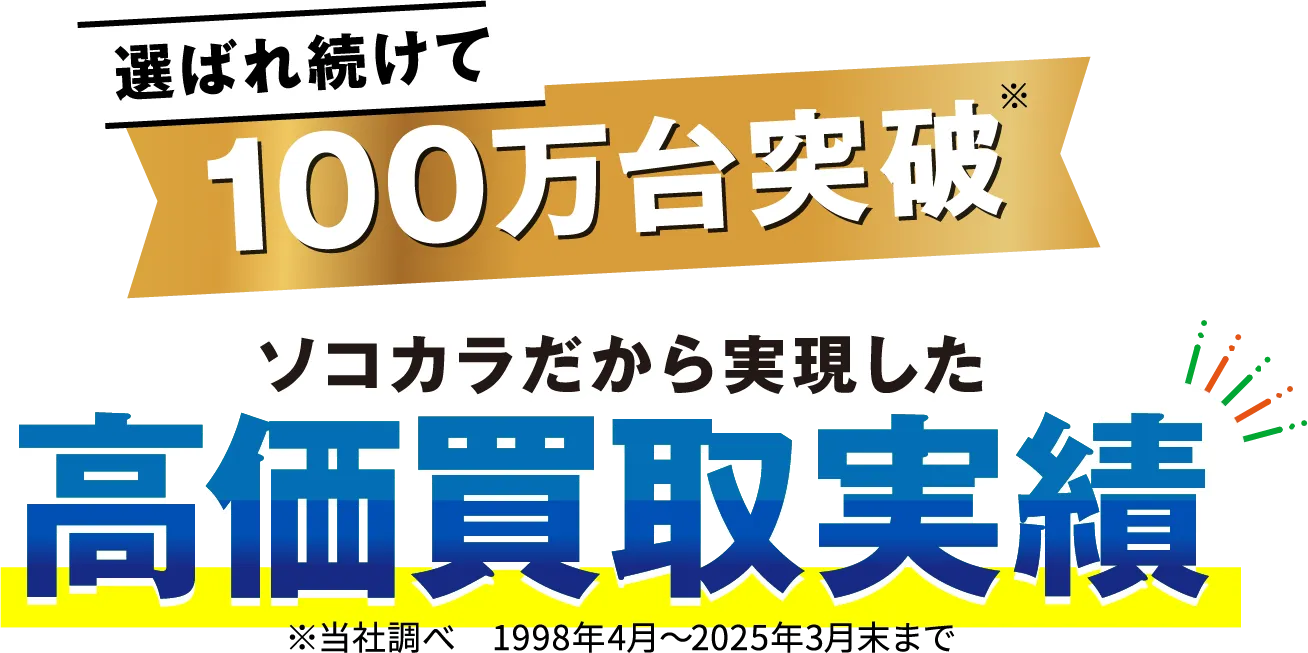 選ばれ続けて 100万台突破※ ソコカラだから実現した 高価買取実績 ※当社調べ 1998年4月～2025年3月末まで