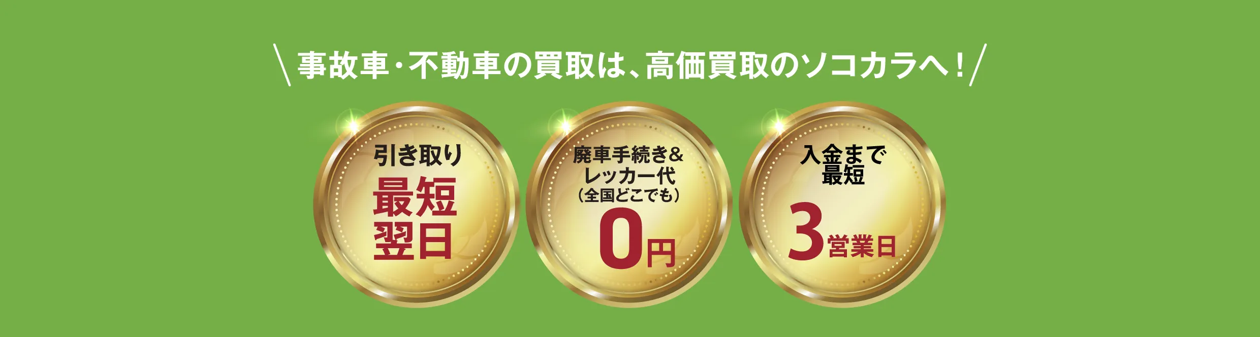 廃車手続き費用0円、引き取り費用0円、査定費用0円、前年度取扱台数10万台、累計取扱台数99万台、入金まで最短3営業日。廃車買取業界で選ばれて27年！