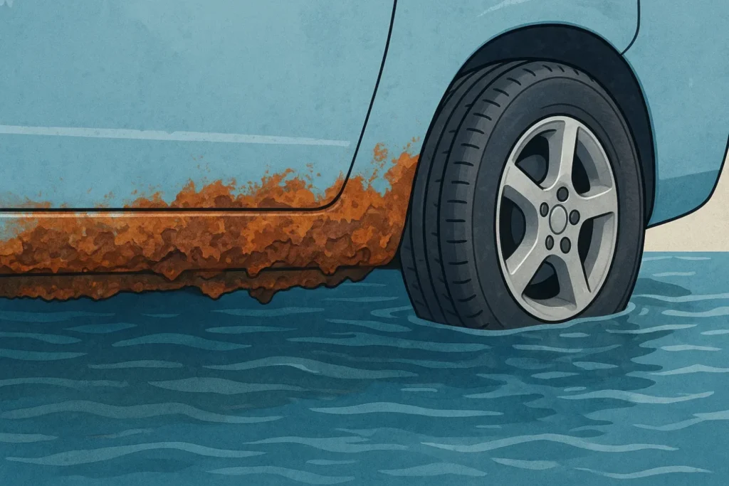 タイヤの半分が浸水したイラスト