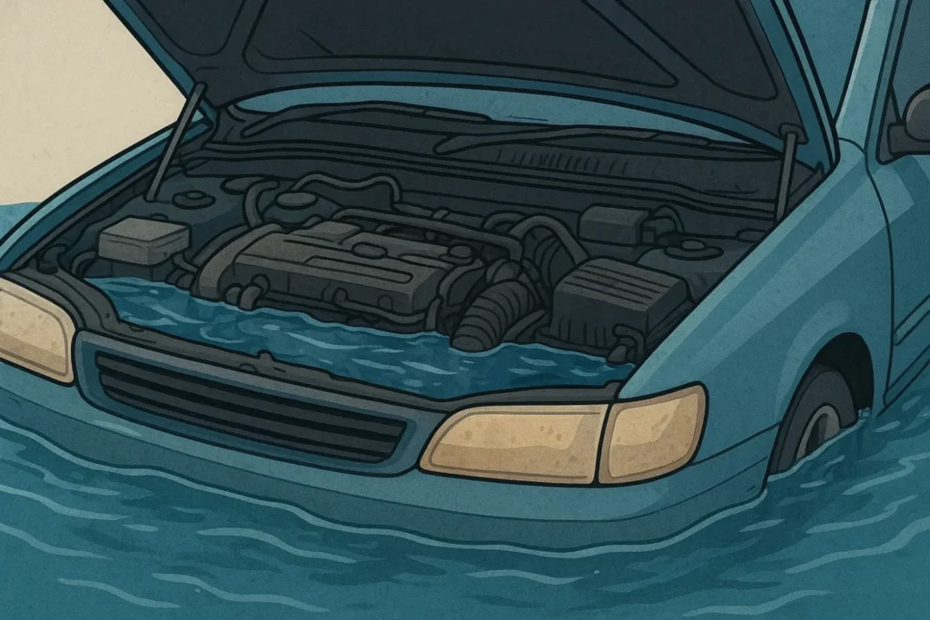タイヤの半分以上が浸水しているイラスト