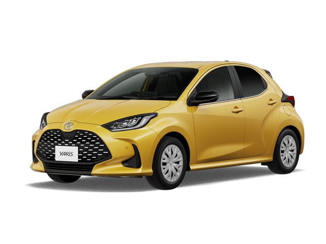 Yellow Toyota Yaris hatchback in a three-quarter front view on a white background