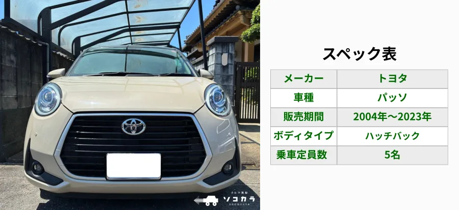 Beige Toyota Passo front view parked under a carport, with a white spec table on the right labeled'スペック表' listing メーカー トヨタ, 車種 パッソ, 販売期間 2004年～2023年, ボディタイプ ハッチバック, 乗車定員数 5名.