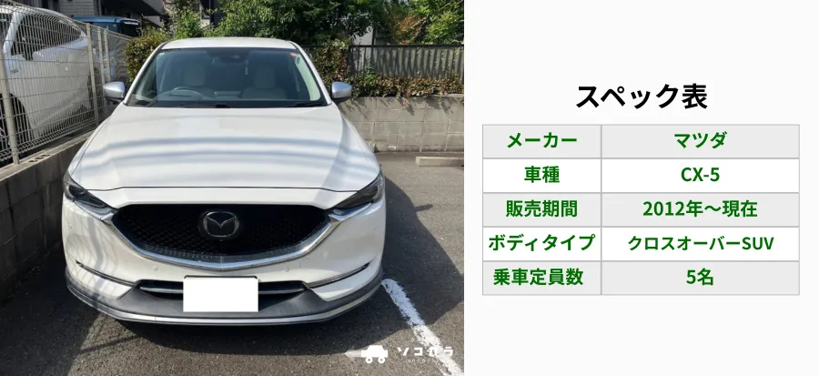 CX-5スペック | 車買取のソコカラ Front view of a white Mazda CX-5 SUV parked in a parking lot; license plate obscured.